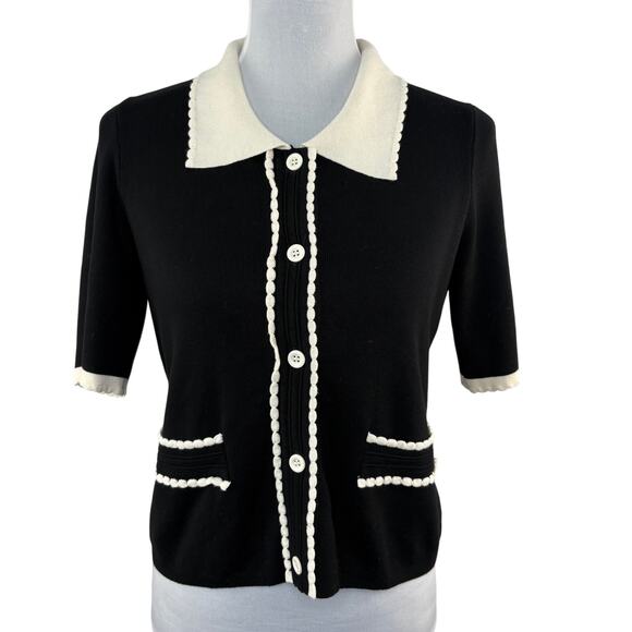 Adrianna Papell Black White Scallop Trim Short Sleeve Knit Top - Women's M - Picture 1 of 6